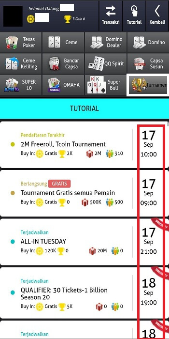 Memilih Turnamen Berdasarkan Tanggal