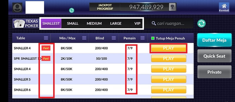 tampilan daftar meja permainan texas poker di idn poker apk