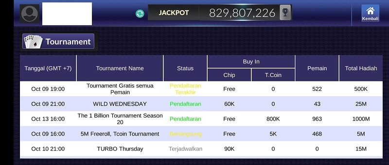 tampilan pemilihan turnamen dan jadwal turnamen